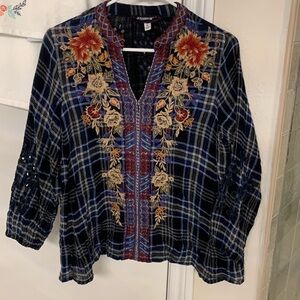 Johnny Was Workshop Boho Embroidered, Shimmery & Eyelet Style Long Sleeve Top